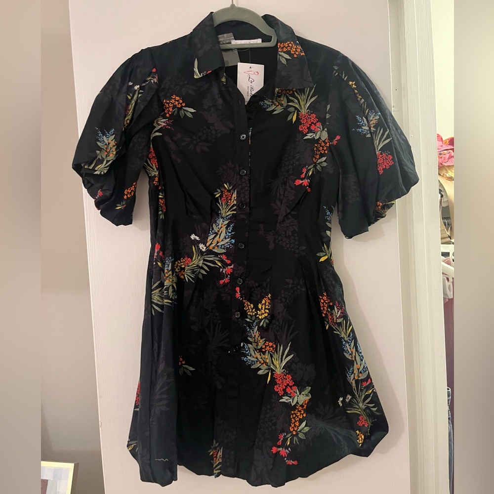 Karlie Black Floral Button-Front Dress with Puff Sleeves